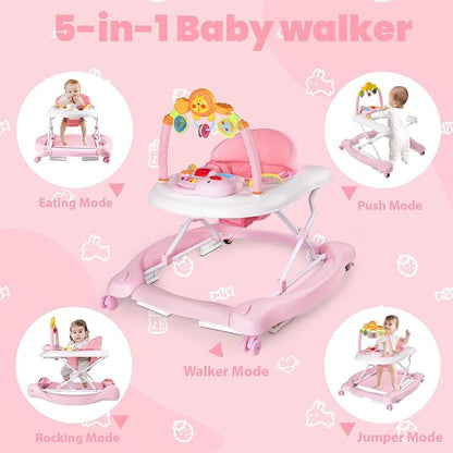 Boyro Baby 5-in-1 Baby Walker, Baby Walkers for Boys Girls 6-12 Months, Foldable Activity Walker, Toddler Infant Walker with Bouncer, Adjustable Height, Removable Footrest, Feeding Tray, Music