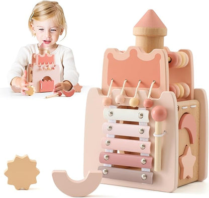 Youuys Wooden Activity Cube 9-in-1 Montessori Toys for 3+ Year Old Boys & Girls, Multipurpose Educational Sensory Learning Toys for Baby Toddlers with Mirror, First Birthday Gift (Castle)