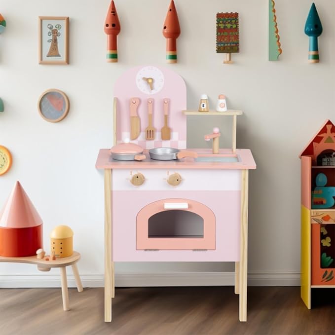 Wooden Pink Kitchen Playset,Kids Play Kitchen Utensils, Accessories for Pretend Play Kitchen Set, Montessori Learning Toy, Pretend Cooking Playset, for 3+ Girls
