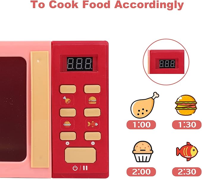 Toy Microwave Oven Playset with Light and Sound, Toy Kitchen Appliances for Kids, Play Kitchen Accessories and Toy Food for Toddlers 3 Year Old Up Girls Boys, Red