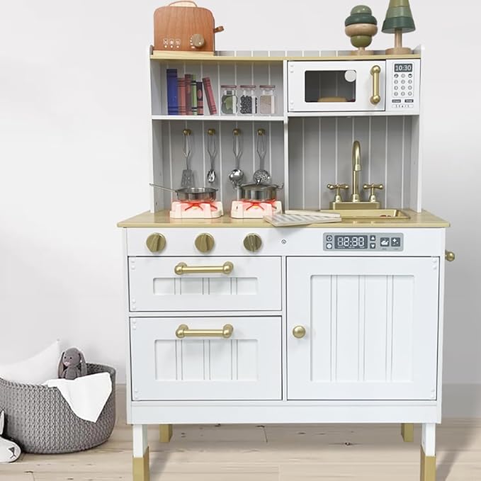 Kids Kitchen Playset,Children Play Kitchen for Toddler,Baby Toy Kitchen Set,Pretend Wooden Kitchen,Birthday Gifts with Play Sink Toy,Lights Sounds, Cooking Set for Kids Ages 3+Boys Girls