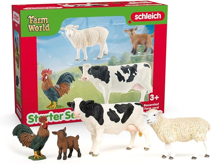Schleich Farm World - Starter Set, Includes 4 x Collectible Toy Farm Animals, Cow, Sheep, Donkey Foal and Rooster Farm Animal Toys for Kids Ages 3+