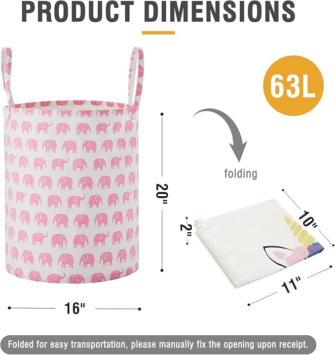 Large Storage Basket for Girls and Boys, Collapsible Laundry Hamper with Long Handles, Toy Bins for Nursery, Kids Room Décor Pink Elephant