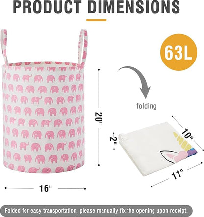 TECHMILLY Large Storage Basket for Girls and Boys, Collapsible Laundry Hamper with Long Handles, Toy Bins for Nursery, Kids Room Décor (Pink Elephant, 2 Pack)