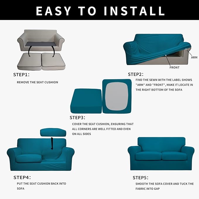 Easy-Going 100% Dual Waterproof Loveseat Cover Stretch Soft Couch Cover for Dogs, Sofa Slipcover for 2 Separate Cushion Couch Leakproof Furniture Protector for Kids, Pets Peacock Blue