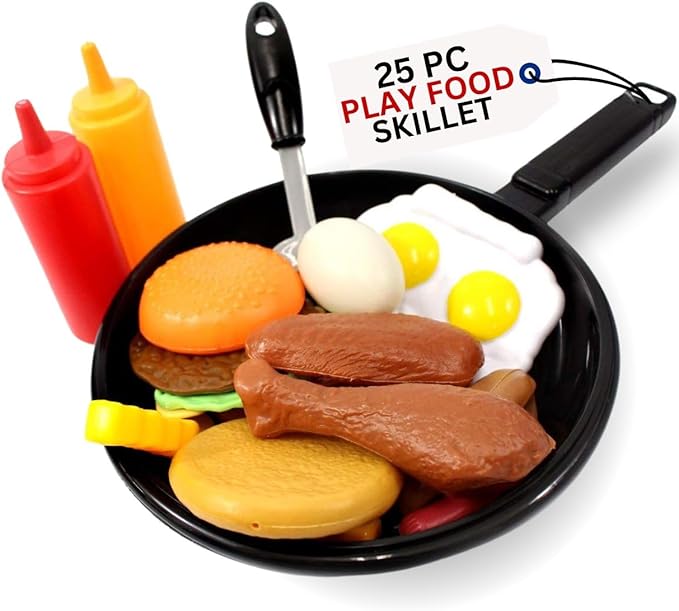 25 PCS Play Food Kids Toy Set with Frying Pan Skillet and Spatula - Kitchen Cooking Pretend Play Toy Grill Set for Toddlers Kids