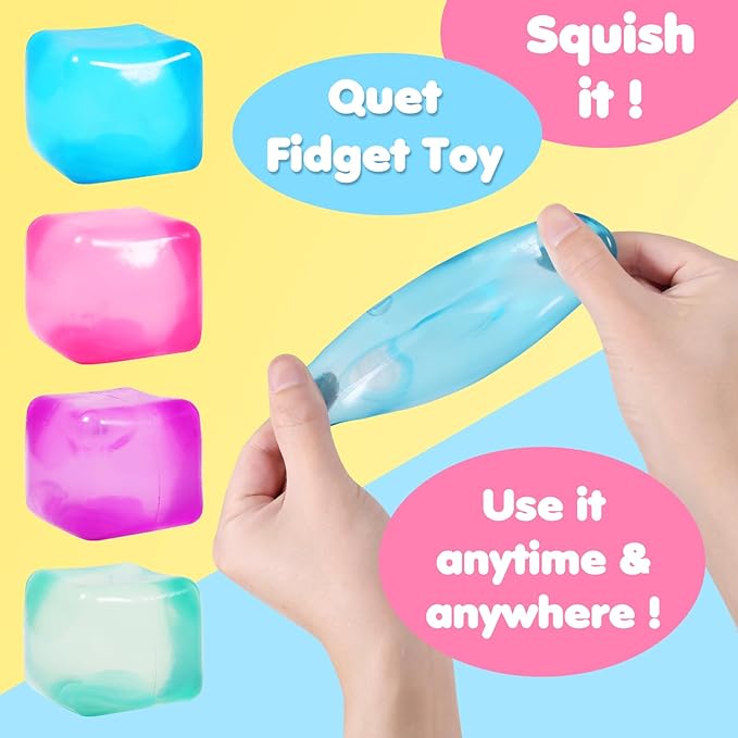 2pack Stress Cube Squishy Stress Balls for Adults Kids Fidget Toy for Your Best Mellow and Chill -Ice Cubes-Square Shape with Filling in Pink Purple Blue (2pcs Cube )