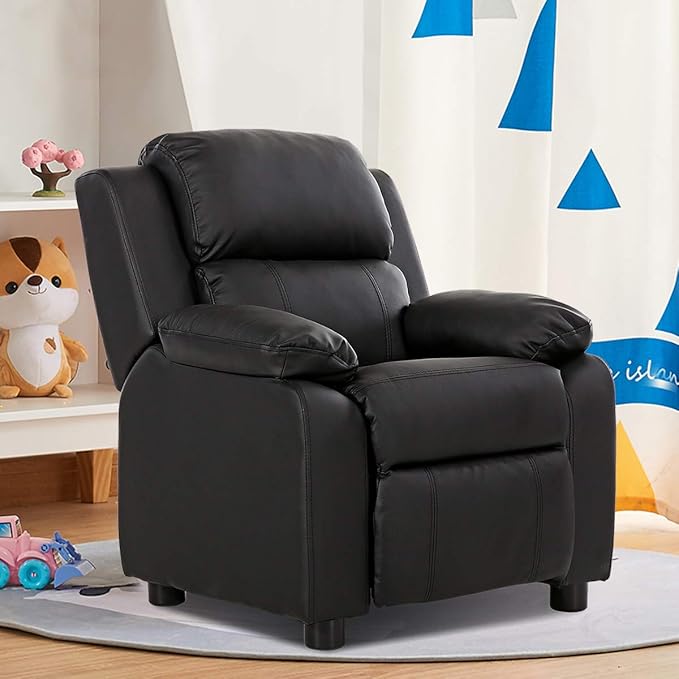 Costzon Kids Recliner, Leather Recliner Chair w/Footrest, Armrest Storage, Headrest & Lumbar Support, Ergonomic Lounge Chair for Living & Gaming Room, Adjustable Recliner Sofa for Boys Girls (Black)