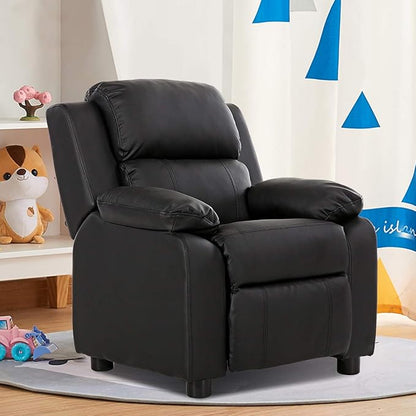 Costzon Kids Recliner, Leather Recliner Chair w/Footrest, Armrest Storage, Headrest & Lumbar Support, Ergonomic Lounge Chair for Living & Gaming Room, Adjustable Recliner Sofa for Boys Girls (Black)