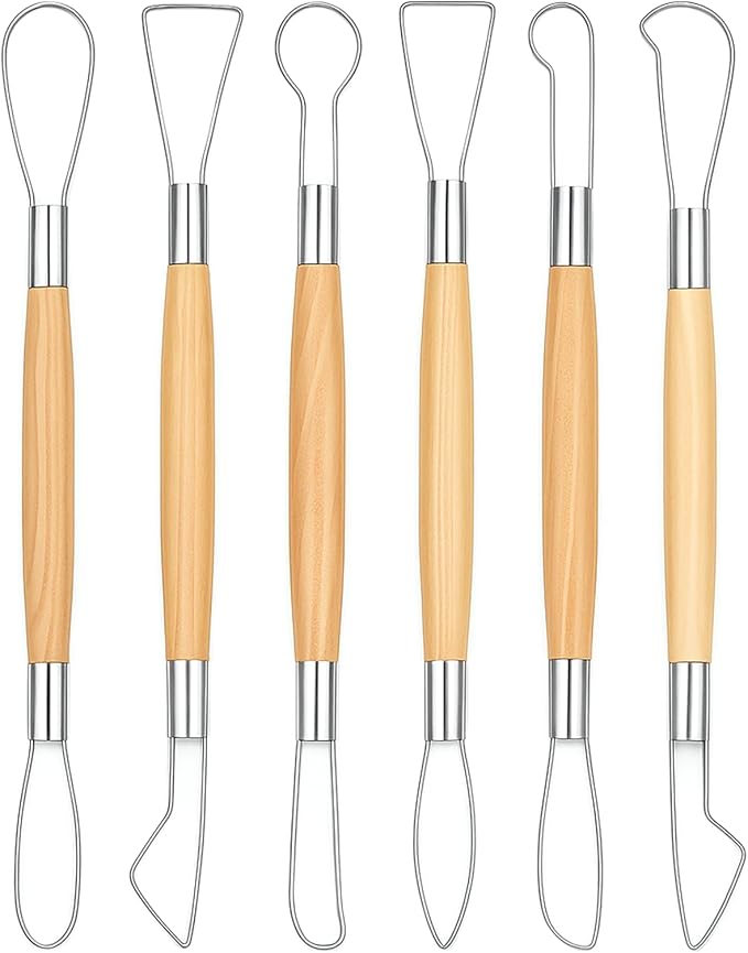 6Pcs Pottery Carving Tools Double-Sided Clay Sculpting Tools Clays Wire Loop Sculpture Set Wooden Handle Ribbon Clays Tool Pottery Trimming Tool for Ceramic Wax Carving Ceramic Modeling