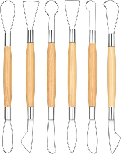 6Pcs Pottery Carving Tools Double-Sided Clay Sculpting Tools Clays Wire Loop Sculpture Set Wooden Handle Ribbon Clays Tool Pottery Trimming Tool for Ceramic Wax Carving Ceramic Modeling