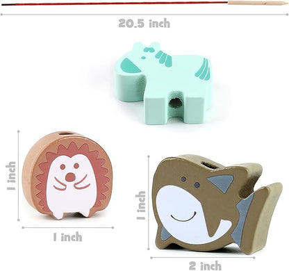 LovesTown Wooden Lacing Beads Set, 67 Pieces, Educational Stringing Toy with Storage Bag, Animal and Fruit Shapes for Toddlers