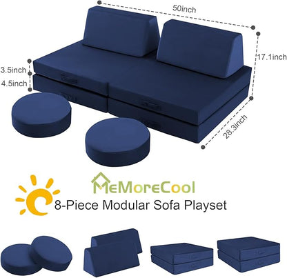 MeMoreCool Modular Kids Couch for Playroom, Navy Foam Play Couch for Toddlers, Building Fort Explorer Sofa