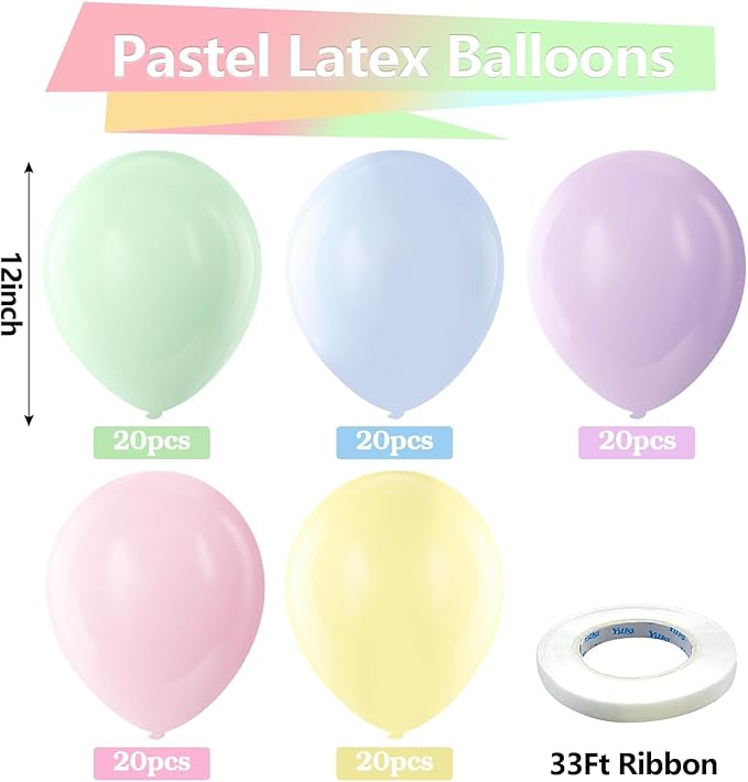 Bezente Pastel Balloons Latex Party Balloons, 100 Pack 12 inch Round Helium Multicolor Macaron Balloons for Easter Birthday Rainbow Party Bridal Shower Wedding Decorations
