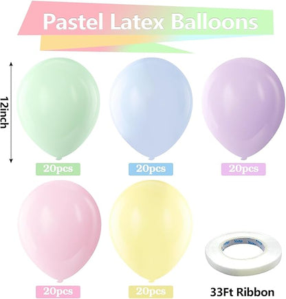Bezente Pastel Balloons Latex Party Balloons, 100 Pack 12 inch Round Helium Multicolor Macaron Balloons for Easter Birthday Rainbow Party Bridal Shower Wedding Decorations