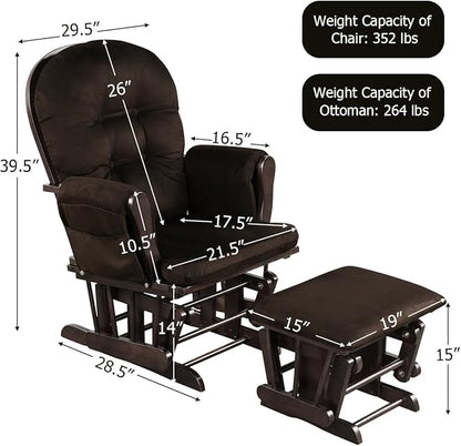 Costzon Glider and Ottoman Set, Wood Glider Rocker for Nursery, Upholstered Comfort Nursing Rocking Chair with Storage Pocket, Padded Armrests & Detachable Cushion, Easy to Assemble (Brown)