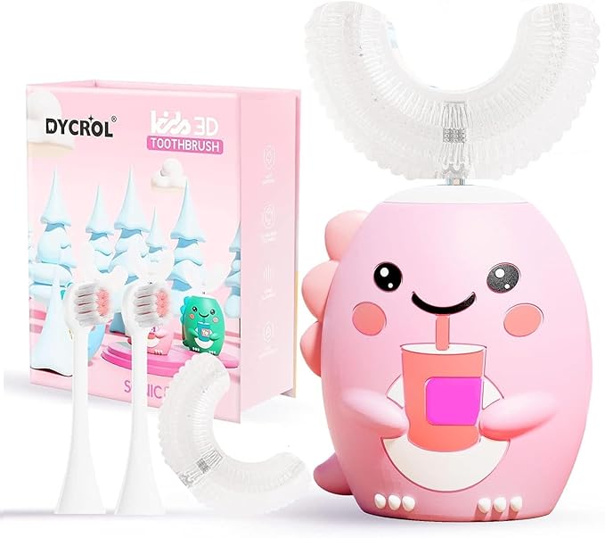 Kids U Shaped Electric Toothbrush with 4 Brush Heads, Sonic Toothbrush Kids with 5 Modes, Cartoon Dinosaur 360-Degree Cleaning IPX7 Waterproof Design (2-6 Age (Pink))