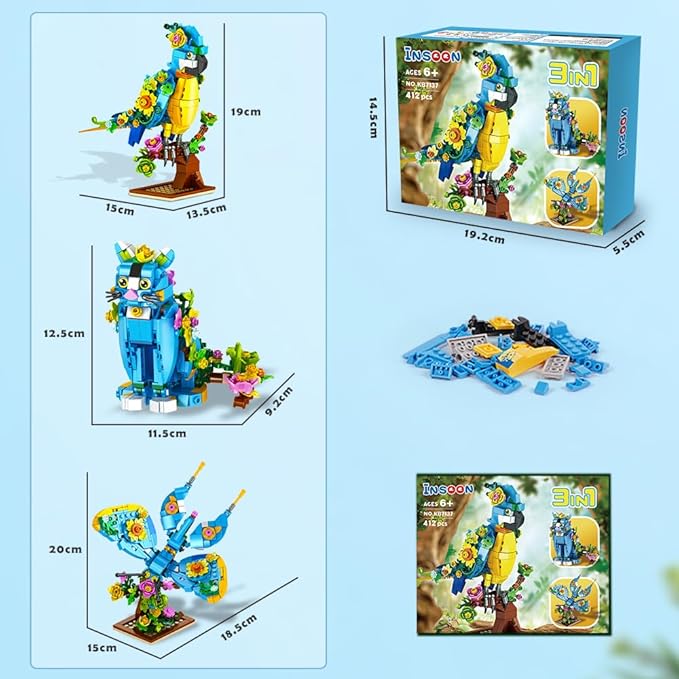 3 in 1 Flower Cat Parrot Butterfly Building Set, Animal Figures Building Toy for Home Office Art Decor, 412 PCS Building Block Gift for Kids Boys Girls Ages 6 7 8 9 10 11 12+ Adults