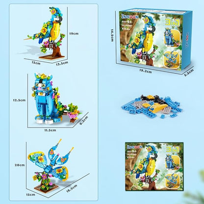 3 in 1 Flower Cat Parrot Butterfly Building Set, Animal Figures Building Toy for Home Office Art Decor, 412 PCS Building Block Gift for Kids Boys Girls Ages 6 7 8 9 10 11 12+ Adults