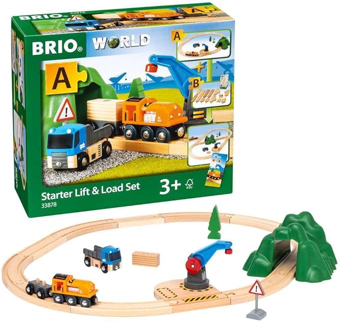 BRIO Starter Lift&Load Set Wooden Toy Train Durable | Child Safe | Encourages Creativity | Compatible with All Wooden Railway Sets | Includes Engine, Lorry, Wagon, Track and More