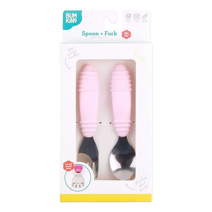 Bumkins Toddler Utensils, Kids Size Fork and Spoon Set, Silicone and Stainless-Steel Training Silverware, Angled Forks / Sporks for Self-Feeding, Children Hold Learning to Eat, 18 Months Up, Pink