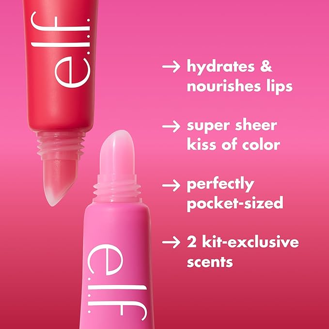e.l.f. Squeeze Me More Lip Balm Duo, Moisturizing Balm For A Sheer Tint Of Color, Made With Hyaluronic Acid, Vegan & Cruelty-Free, Cherry & Bubblegum