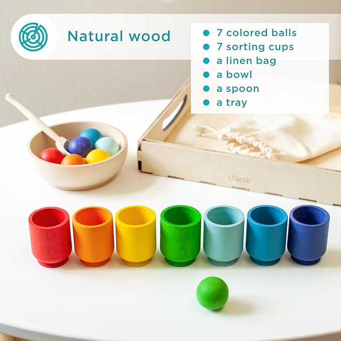 Ulanik Rainbow Balls in Cups Toddler Montessori Toys for 1+ Year Old Kids Wooden Matching Game for Learning Color Sorting and Counting — 7 Balls, 1.18 in