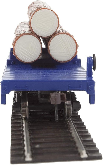 Walthers Trainline HO Scale Model Log Dump Car with 3 Logs - Ready to Run Alaska Railroad #17102 (Blue, Yellow Conspicuity Marks)