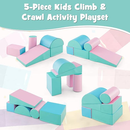 HONEY JOY 5-Piece Climb and Crawl Playset, Soft Climbing Foam Block Activity Play Structure Gym Equipment for Infant Baby, Color Coordination, Waterproof Indoor Climbing Toys for Toddlers (Green)