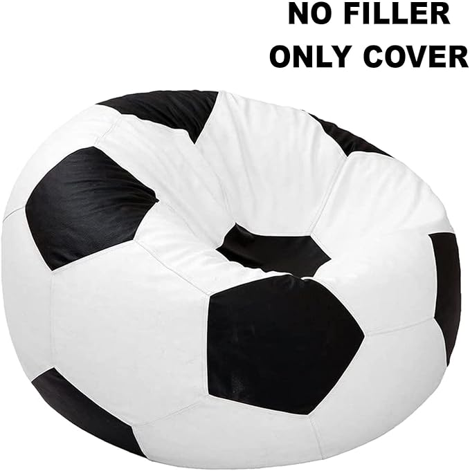 Ample Decor Soccer Bean Bag Cover (Filler Not Included), Leatherette Durable Double Stitched Material Sturdy Zippers, Ideal for Children and Teenagers - White and Black