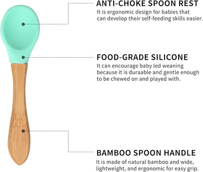 Baby Bamboo Suction Plate, Bowl and Spoon Set, Wooden Feeding Set for Toddler 1-3 Year Old, Silicone Suction Sticks to Most High Chairs for Non Slip & Silicone Spoon Tips with Wood Handle