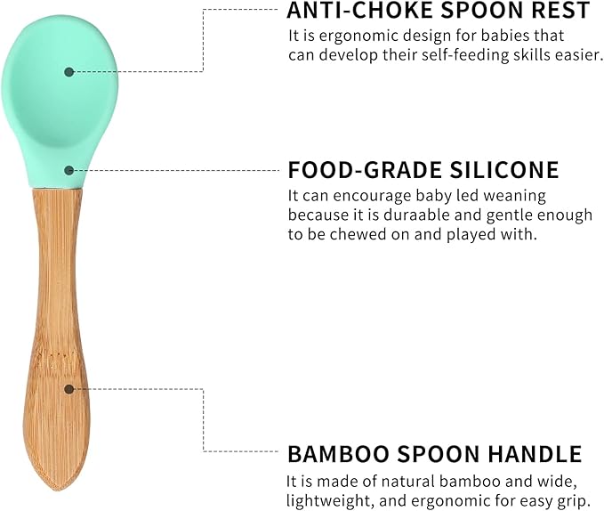 Baby Bamboo Suction Plate, Bowl and Spoon Set, Wooden Feeding Set for Toddler 1-3 Year Old, Silicone Suction Sticks to Most High Chairs for Non Slip & Silicone Spoon Tips with Wood Handle