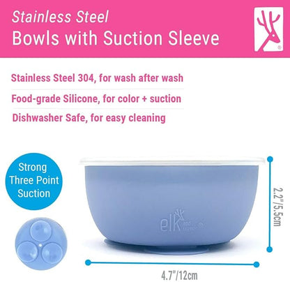 Elk and Friends Stainless Steel Bowls with Silicone Sleeve for Babies & Toddlers | Lids Included | Stay Put Suction | Cereal & Snack Bowls | 4 Pack