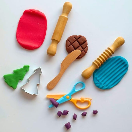Play Dough Tools Accessories for Kid | Wooden Rolling Pins & Knife | Child-Safe Scissor | Sculpting Tool to Roll, Cut,Flatten | Pretend Play Kitchen Tool | Clay Mould Tool for Kid Ages 2-7