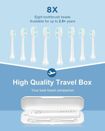 Operan Electric Toothbrush for Adults and Kids Rechargeable Sonic Toothbrush with 5 Modes 2-Min Smart Timer IPX7 Waterproof 40,000 VPM Motor with 8 Brush Heads & Travel Case (White)