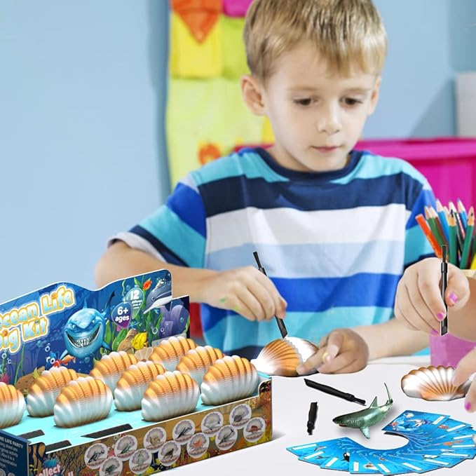 EARTH'SCODE Ocean Animals Dig Kit, Seashell Excavation Dig Bricks, Science Educational Gift for Kids