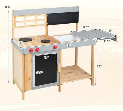 Costzon Mud Kitchen for Kids Outdoor, Wooden Pretend Play Kitchen with Removable Sink, Stoves, Storage Shelf, Toddler Backyard Toy Kitchen Set, Kids Kitchen Set for Boys Girls Age 3+