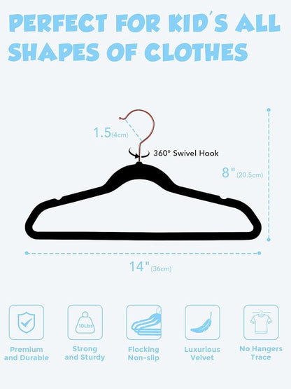 Smartor Kids Velvet Hangers 50 Pack, 14'' Inch Premium Non Slip Kids Felt Hangers for Closet, Space Saving Toddler Clothes Hanger for Youth's Childrens' Clothes (Rose Gold Hook)- White