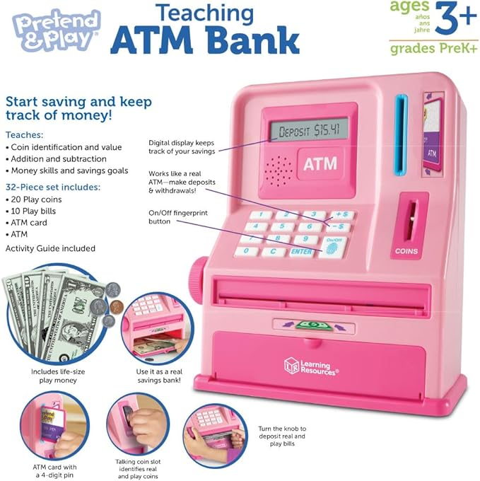 Learning Resources Teaching ATM Bank, Pink, 32 Pieces