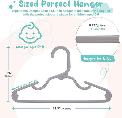 HOUSE DAY Premium Baby Hangers 60 Pack, 11 Inch Kids Plastic Hangers Grey, Slim Childrens Hangers for Infant, Toddler, and Child Clothes, Durable Baby Clothes Hangers for Closet