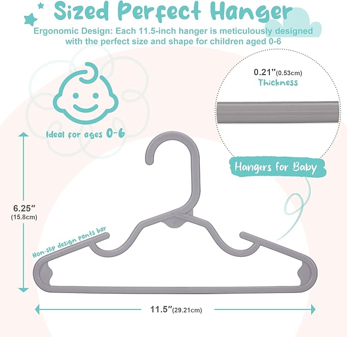 HOUSE DAY Premium Baby Hangers 20 Pack, 11 Inch Kids Plastic Hangers Grey, Slim Childrens Hangers for Infant, Toddler, and Child Clothes, Durable Baby Clothes Hangers for Closet