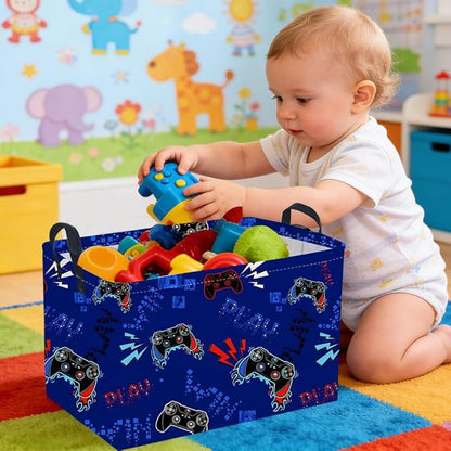 Rectangular Game Basket for Boys,Game Storage Bin,Boy Storage Basket,Collapsible Storage Bin,Gift Organizer, Shelf Baskets,Boy Room Decor(Blue Game)