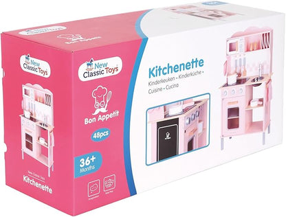 New Classic Toys Wooden Pretend Toy Kitchen for Kids Role Play Included Accessoires Pink Colored - Makes Sound