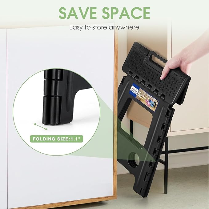 ACKO Folding Step Stool Foldable 16 Inch Stools for Adults and Kids,Plastic Stools Tall 400 lbs Capacity,Collapsible Stool for Kitchen, Stepping Foot Stool with Handle,Dot Black 6Pack