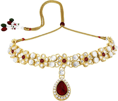 Aheli Traditional Gold Plated Kundan Beads Studded Choker Necklace Dangle Earrings & Maangtikka Set Ethnic Fashion Jewellery Gift for Women