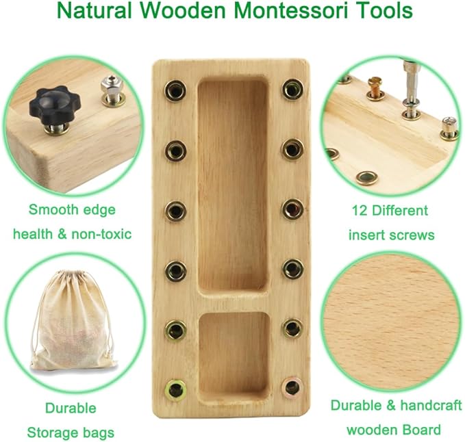 Inslat Montessori Screwdriver Board Set, Wooden Montessori Toy Tool for 3 4 5 Year Old Kids, Educational Screw Board Sensory Learning Toys STEM Fine Motor Skills Toys