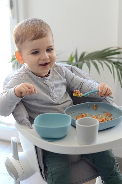 BEABA Silicone 4 Piece Baby Feeding Set, Suction Plates for Baby, Includes Plate, Bowl, Cup, 2nd Stage Silicone Spoon, High Grade Food Safe Silicone, Rain