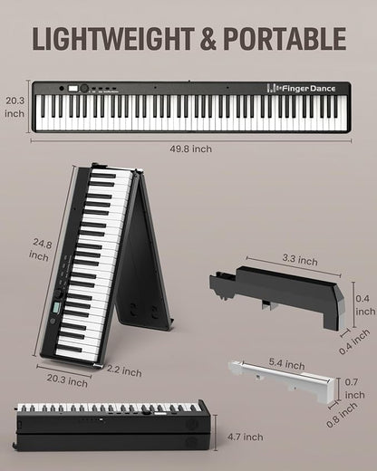 Finger Dance Folding Piano Keyboard 88 Keys, Portable Electric Keyboard with Bluetooth MIDI, Full Size Digital Piano, Wood Grain, Semi-Weighted, Touch Sensitive, with Storage Bag for Beginner