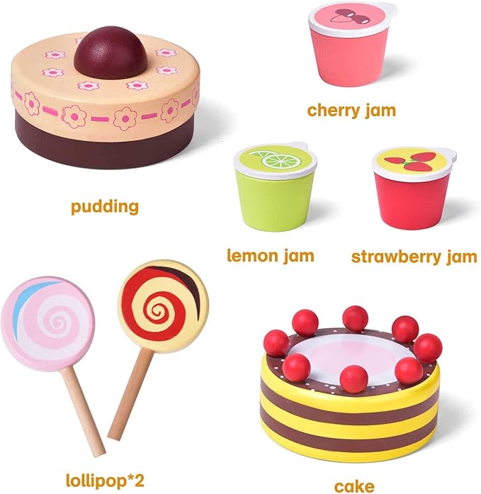 8 PCs Wooden Play Food for Kids Kitchen, Pretend Play Food Wooden Dessert Play Set for Kids, Toddler Toys for 2-4 Year Old Girls Boys Christmas Birthday Gifts