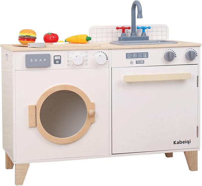 Kids Play Kitchen - Wooden Multi-Function Washing Machine for Kids Kitchen Playset - Pretend Toddlers' Kitchen Toy Washer with Accessories - Perfect Baby Gift for Ages 3-8